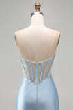 Strapless Light Blue Corset Bodycon Beaded Short Homecoming Dress with Slit