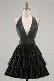 Black A-Line Deep V Neck Cut Out Short Homecoming Dress with Beading