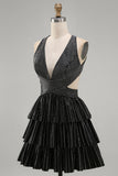 Black A-Line Deep V Neck Cut Out Short Homecoming Dress with Beading