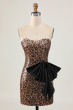 Brown Leopard Strapless Short Homecoming Dress with Bow
