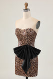 Brown Leopard Strapless Short Homecoming Dress with Bow