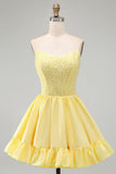 Yellow A-Line Strapless Pearls Corset Short Homecoming Dress with Ruffles