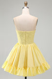 Yellow A-Line Strapless Pearls Corset Short Homecoming Dress with Ruffles