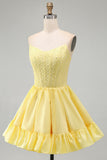 Yellow A-Line Strapless Pearls Corset Short Homecoming Dress with Ruffles
