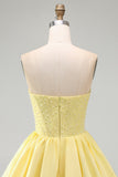Yellow A-Line Strapless Pearls Corset Short Homecoming Dress with Ruffles