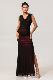 Black Red V Neck Ruched Sheath Long Bridesmaid Dress