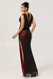 Sheath Cowl Neck Black Red Long Bridesmaid Dress with Slit