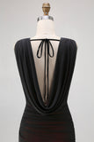 Sheath Cowl Neck Black Red Long Bridesmaid Dress with Slit