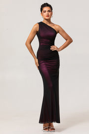 Black Pink One Shoulder Sheath Ruched Long Bridesmaid Dress