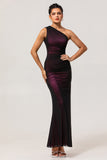 One Shoulder Black Pink Sheath Long Bridesmaid Dress with Slit
