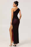 One Shoulder Black Pink Sheath Long Bridesmaid Dress with Slit