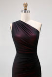 One Shoulder Black Pink Sheath Long Bridesmaid Dress with Slit