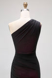 One Shoulder Black Pink Sheath Long Bridesmaid Dress with Slit