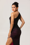 Black Pink One Shoulder Sheath Ruched Long Bridesmaid Dress