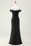 Off the Shoulder Sheath Black Pink Bridesmaid Dress with 3D Flower