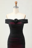 Off the Shoulder Sheath Black Pink Bridesmaid Dress with 3D Flower