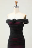 Off the Shoulder Sheath Black Pink Bridesmaid Dress with 3D Flower