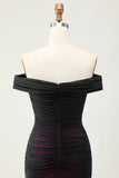 Off the Shoulder Sheath Black Pink Bridesmaid Dress with 3D Flower