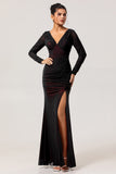 Black Red Ruched Sheath Long Sleeve Bridesmaid Dress with Slit