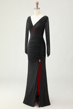 Black Red Ruched Sheath Long Sleeve Bridesmaid Dress with Slit