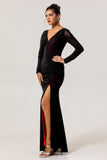 Black Red V Neck Ruched Sheath Long Sleeves Long Bridesmaid Dress with Slit