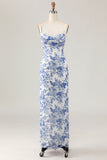 Printed Sheath White Blue Flower Long Wedding Guest Dress