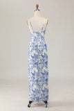 Printed Sheath White Blue Flower Long Wedding Guest Dress