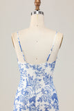 Printed Sheath White Blue Flower Long Wedding Guest Dress