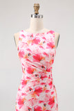 Pink Floral Sheath Boat Neck Print Long Bridesmaid Dress