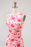 Pink Floral Sheath Boat Neck Print Long Bridesmaid Dress