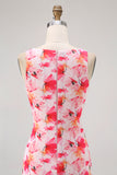 Pink Floral Sheath Boat Neck Print Long Bridesmaid Dress