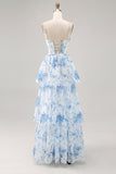 White Blue Flower A Line Printed Tiered Bridesmaid Dress with Slit