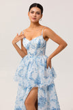 White Blue Flower A Line Printed Tiered Long Bridesmaid Dress with Slit