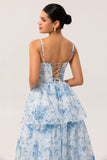 White Blue Flower A Line Printed Tiered Long Bridesmaid Dress with Slit
