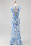 Blue Flower Cowl Neck Sheath Printed Long Bridesmaid Dress with Slit