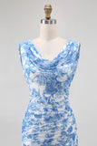 Blue Flower Cowl Neck Sheath Printed Long Bridesmaid Dress with Slit