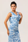 Blue Flower Cowl Neck Sheath Print Long Bridesmaid Dress with Slit