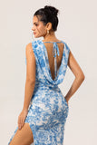Blue Flower Cowl Neck Sheath Print Long Bridesmaid Dress with Slit