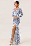 White Blue Flower V Neck Sheath Print Long Sleeves Bridesmaid Dress with Slit