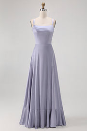 Dusty Blue A Line Long Bridesmaid Dress with Lace-up Back