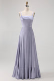Dusty Blue A Line Long Bridesmaid Dress with Lace-up Back