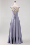 Dusty Blue A Line Long Bridesmaid Dress with Lace-up Back