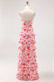 Pink Floral Ruffled Sheath Long Wedding Guest Dress with Slit