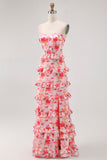 Pink Floral Ruffled Sheath Long Wedding Guest Dress with Slit