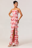 Pink Floral Sheath Ruffled Long Wedding Guest Dress with Slit