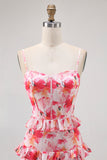 Pink Floral Ruffled Sheath Long Wedding Guest Dress with Slit