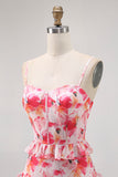 Pink Floral Ruffled Sheath Long Wedding Guest Dress with Slit