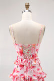 Pink Floral Ruffled Sheath Long Wedding Guest Dress with Slit