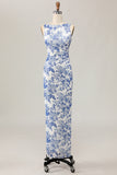 Floral Printed Bodycon White Blue Long Wedding Guest Dress