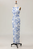Floral Printed Bodycon White Blue Long Wedding Guest Dress